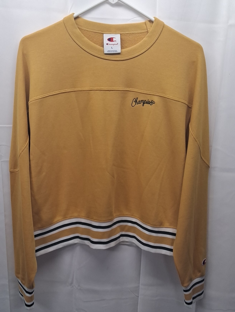 Champion Mustard Yellow Crewneck Sweatshirt with Striped Hem